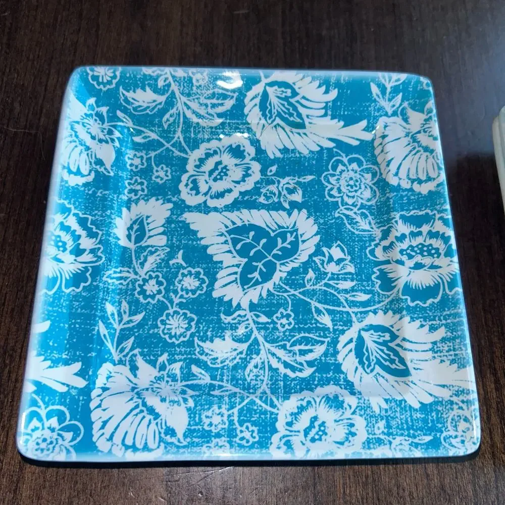 8 Sur La Table Melamine 6” Appetizer Dessert Turquoise Blue Crosshatch Plates